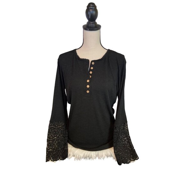 Womens Henley Top Large Black Bell Sleeve Crochet Cuffs Button Ribbed Knit Goth - Picture 1 of 8